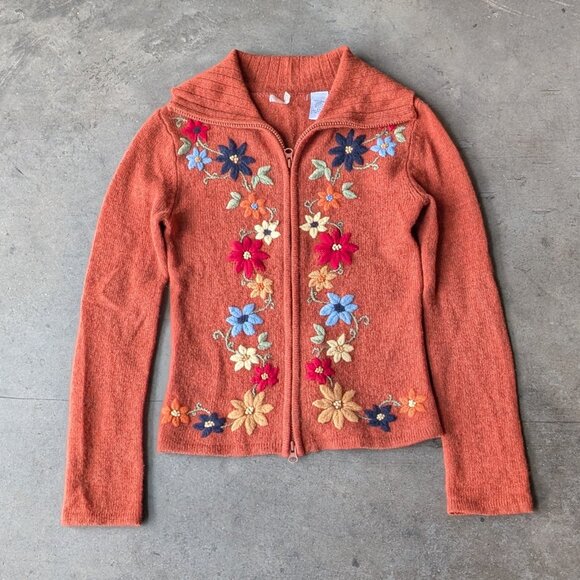Vintage Sweaters - Vintage Frost Orange Lambswool Full Zip Colorful Floral Embroidered Sweater XS